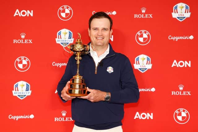 Zach Johnson poses with the Ryder Cup after being announced as United States Ryder Cup Captain for 2023. (Photo by Cliff Hawkins/Getty Images)