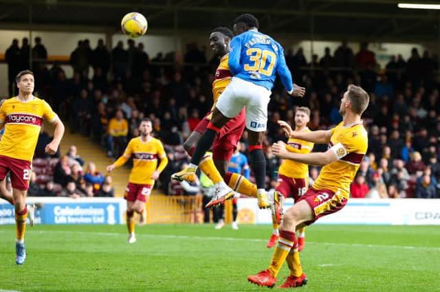 Fashion Sakala rises to head in his first goal to make it 2-1 for Rangers against Motherwell in first half stoppage time at Fir Park. (Photo by Craig Williamson / SNS Group)