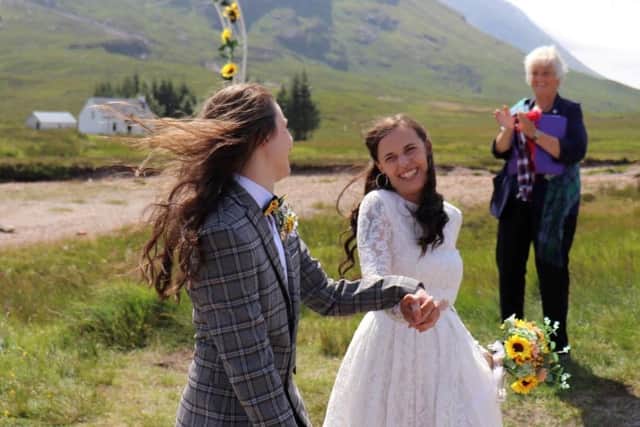 Teri Lou-Fox, 23, wed wife Sammy Fox, 25, with an outdoor humanist ceremony at the foot of Buchaille Etive Mor, Glen Coe,