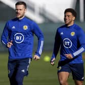 Liam Cooper (centre) with Nathan Patterson (left) and Che Adams (right) during Scotland National Team Training at the Oriam. (Photo by Craig Williamson / SNS Group)