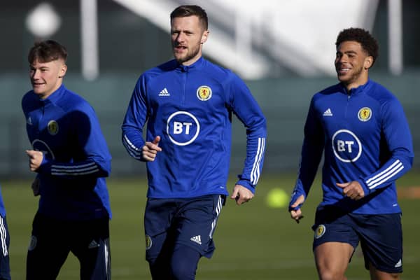 Liam Cooper (centre) with Nathan Patterson (left) and Che Adams (right) during Scotland National Team Training at the Oriam. (Photo by Craig Williamson / SNS Group)