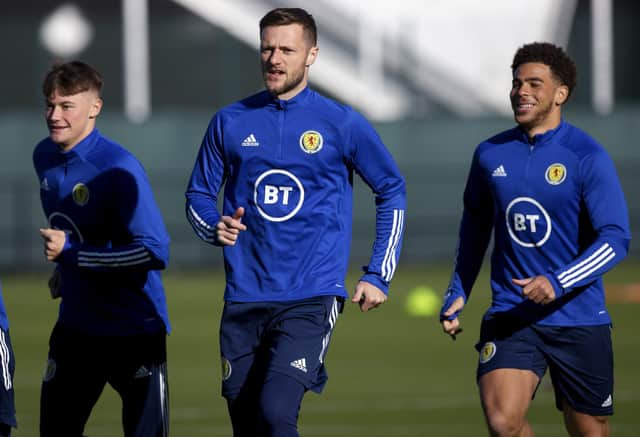 Liam Cooper (centre) with Nathan Patterson (left) and Che Adams (right) during Scotland National Team Training at the Oriam. (Photo by Craig Williamson / SNS Group)