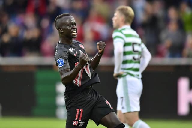 Midtjylland's Australian midfielder Awer Mabil celebrates scoring against Celtic.