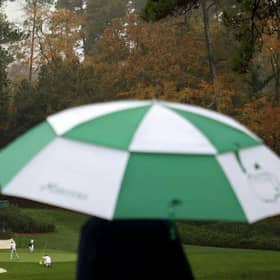 The start of play has been delaye by bad weather at Augusta National. Picture: Patrick Smith/Getty Images.