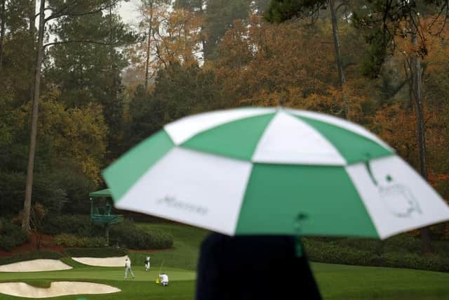 The start of play has been delaye by bad weather at Augusta National. Picture: Patrick Smith/Getty Images.