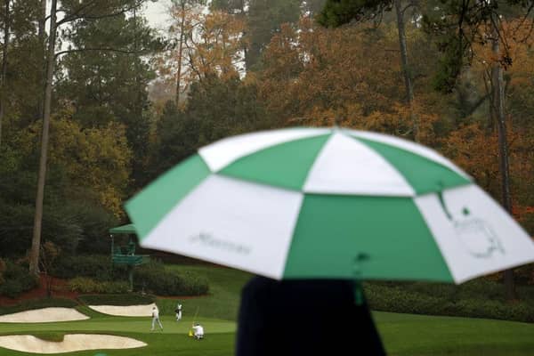 The start of play has been delaye by bad weather at Augusta National. Picture: Patrick Smith/Getty Images.