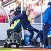 Falkirk assistant Kenny Miller looks frustrated in the dugout during a Cinch League 1 match between Clyde and Falkirk at Broadwood Stadium, on March 05, 2022, in Glasgow, Scotland.  (Photo by Roddy Scott / SNS Group)