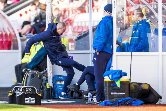 Falkirk assistant Kenny Miller looks frustrated in the dugout during a Cinch League 1 match between Clyde and Falkirk at Broadwood Stadium, on March 05, 2022, in Glasgow, Scotland.  (Photo by Roddy Scott / SNS Group)