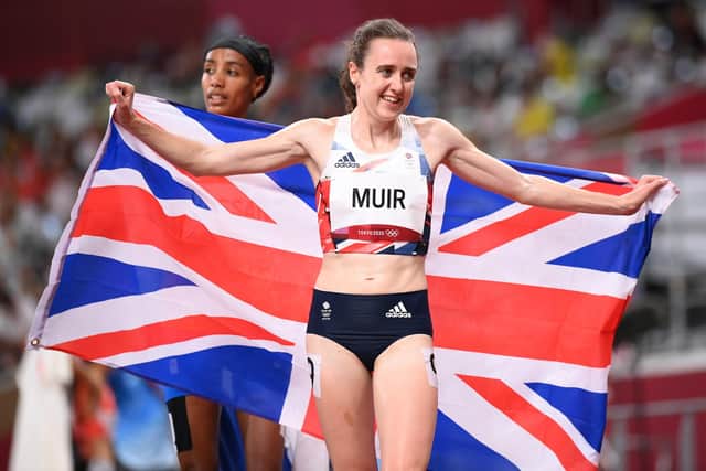 TOKYO, JAPAN - AUGUST 06: Laura Muir of Team Great Britain celebrates after winning the silver medal during the Women's 1500 metres final on day fourteen of the Tokyo 2020 Olympic Games at Olympic Stadium on August 06, 2021 in Tokyo, Japan. (Photo by Matthias Hangst/Getty Images)