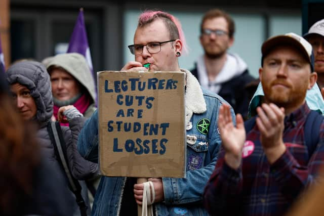 GLASGOW, SCOTLAND - SEPTEMBER 19: Lecturers and other staff attend a rally in Buchanan Street as strike action continues at five Scottish universities on September 19, 2023 in Glasgow, Scotland. The action by the University and College Union (UCU) is part of a long-running dispute over pay and working conditions. (Photo by Jeff J Mitchell/Getty Images)