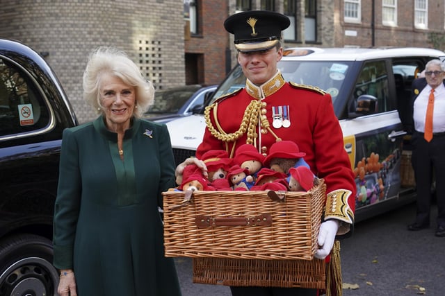 Camilla had travelled to the nursery in a car filled with some of the Paddingtons, on a journey from Clarence House in Westminster, along the Mall and past London landmarks including Trafalgar Square and Tower Bridge.