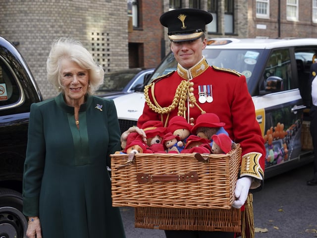 Camilla had travelled to the nursery in a car filled with some of the Paddingtons, on a journey from Clarence House in Westminster, along the Mall and past London landmarks including Trafalgar Square and Tower Bridge.