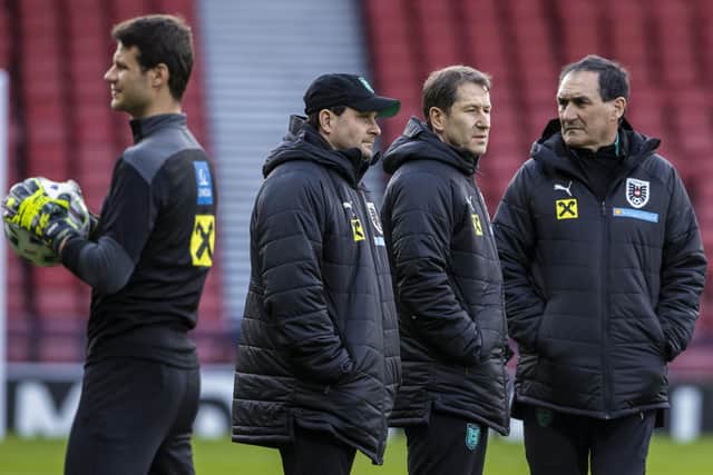 Austria manager Franco Foda (centre) during an Austria training session at Hampden Park, on March 24, 2021, in Glasgow, Scotland (Photo by Alan Harvey / SNS Group)