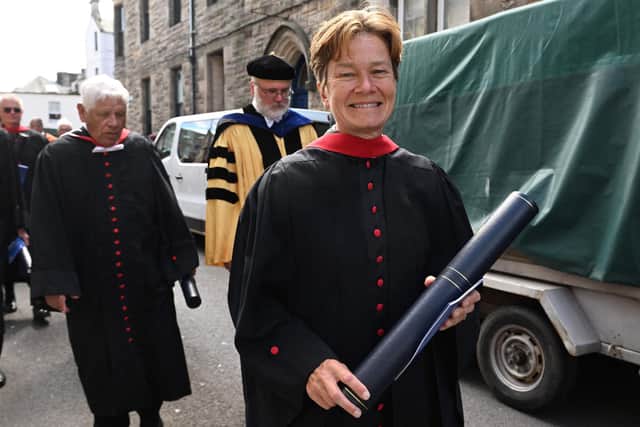 Catriona Matthew leaves the Younger Hall in St Andrews, having received an honorary degree from the University of St Andrews
