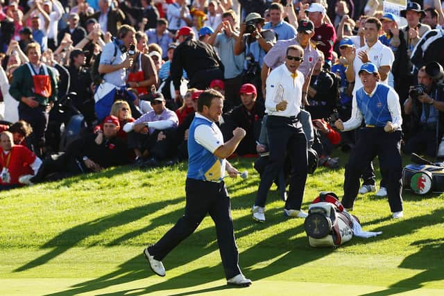 Graeme McDowell celebrates holing a putt during the 2010 Ryder Cup at the Celtic Manor Resort. Picture: Richard Heathcote/Getty Images.
