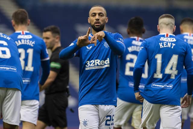 Kemar Roofe celebrates making it 2-0 during a Scottish Premiership match between Rangers and Aberdeen at Ibrox Stadium, on November 22, 2020 (Photo by Alan Harvey / SNS Group)