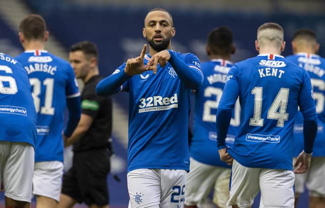 Kemar Roofe celebrates making it 2-0 during a Scottish Premiership match between Rangers and Aberdeen at Ibrox Stadium, on November 22, 2020 (Photo by Alan Harvey / SNS Group)