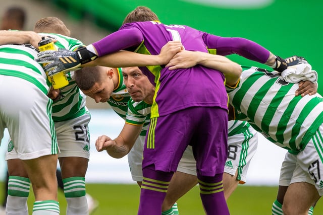 Celtic captain Scott Brown gives pre-match instructions in the huddle. Picture: SNS
