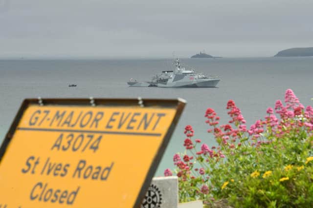 The offshore naval vessel HMS Tamar patrols off St Ives, Cornwall ahead of the G7 summit of world leaders, which starts today. PIC: Getty.