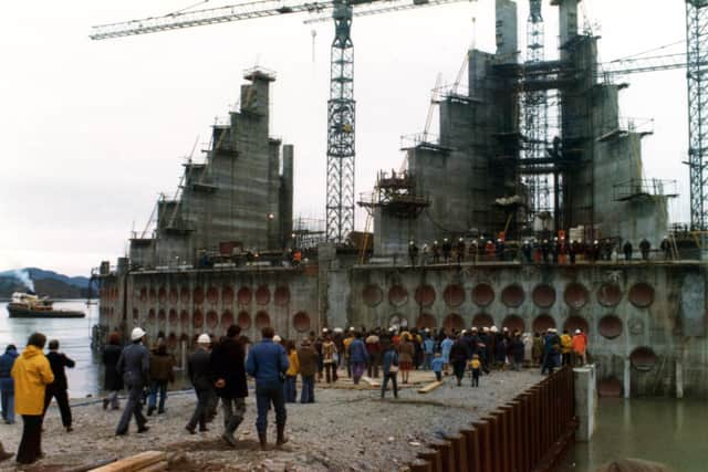 Around 3,000 men were hired to build the Ninian Central Platform at Loch Kishorn, Wester Ross, in the mid-1970s.