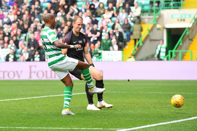 Celtic's Ashley Young scores against then visiting keeper Joe Hart in the Milner/Petrov charity match three years ago this week.  (Photo by Craig WilliamsonSNS Group).