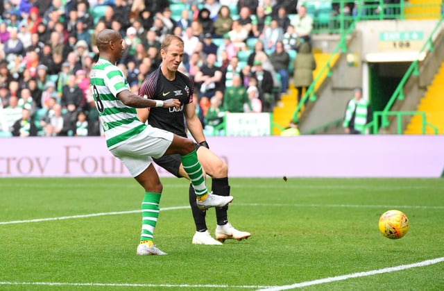 Celtic's Ashley Young scores against then visiting keeper Joe Hart in the Milner/Petrov charity match three years ago this week. (Photo by Craig WilliamsonSNS Group).