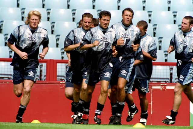 Gallacher (second left) training at Wembley with Scotland ahead of the Euro 96 clash