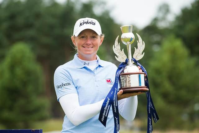 Stacy Lewis shows off the trophy after her win in the 2020 Ladies Scottish Open at The Renaissance Club. Picture: Tristan Jones.