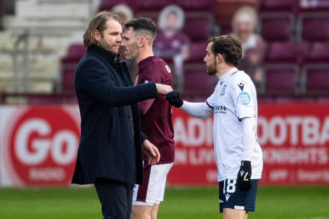 Hearts manager Robbie Neilson with Paul McMullan at full-time against Dundee.