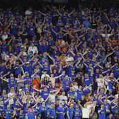 Fans of Rangers support their team during the UEFA Europa League final match against Eintracht Frankfurt at Estadio Ramon Sanchez Pizjuan, in Seville, Spain. (Photo by Alex Grimm/Getty Images)