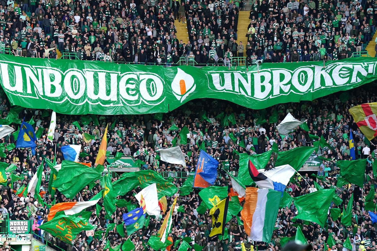 Scottish Football Away Days - Celtic fans at Rangers today in the Old firm  derby today with a banner reading - “Three Letters Emblazoned on your  Grave” #CFC #TheBhoys