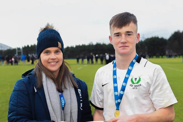 EDINBURGH, SCOTLAND - DECEMBER 04: The Hawick High / Jed Grammar players celebrate during the Boys School Under 18 Bowl Final at the Oriam, on December 04, 2019, in Edinburgh, Scotland. (Photo by Gary Hutchison / SNS Group / SRU)