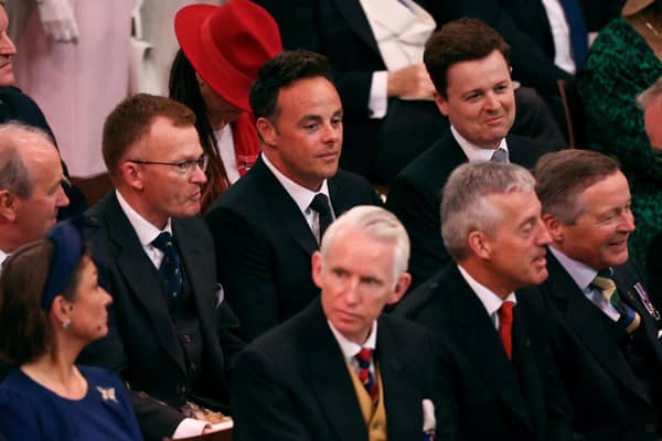 TV presenters Anthony McPartlin and Declan Donnelly gather at Westminster Abbey in central London. Picture: Phil Nobile/AFP via Getty Images