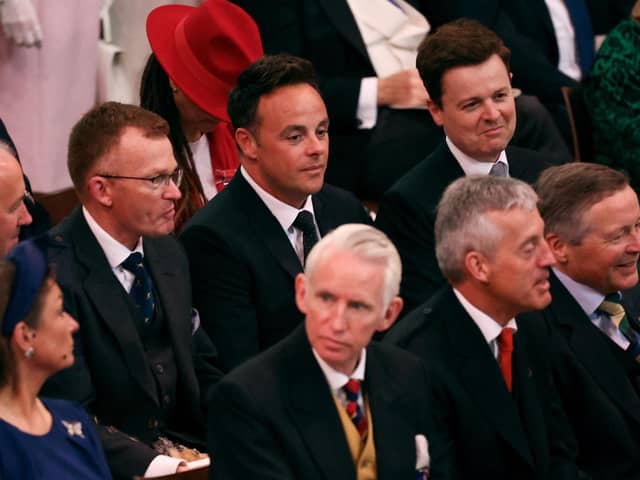 TV presenters Anthony McPartlin and Declan Donnelly gather at Westminster Abbey in central London. Picture: Phil Nobile/AFP via Getty Images