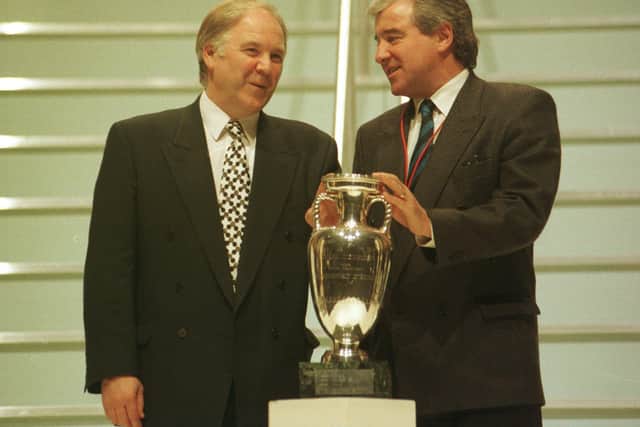 Craig Brown and Terry Venables are pictured during the Euro 96 draw - Scotland and England were paired together.
