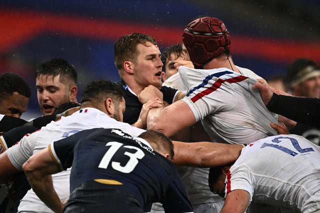 Duhan van der Merwe exchanges words with France's lock Bernard Le Roux in a heated moment during Scotland's win in Paris on March 26 2021. Van der Merwe scored Scotland's first and last tries that evening to end the championship as the Six Nations' top try-scorer, with five in total.