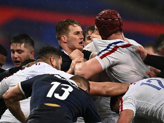Duhan van der Merwe exchanges words with France's lock Bernard Le Roux in a heated moment during Scotland's win in Paris on March 26 2021. Van der Merwe scored Scotland's first and last tries that evening to end the championship as the Six Nations' top try-scorer, with five in total.