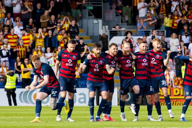 Ross County celebrate after winning the Premiership play-off final on penalties. (Photo by Ross Parker / SNS Group)