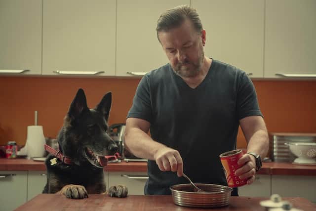 Ricky Gervais as Tony in After Life, feeding the dog which his character shared with his late wife. (Photo: Netflix)