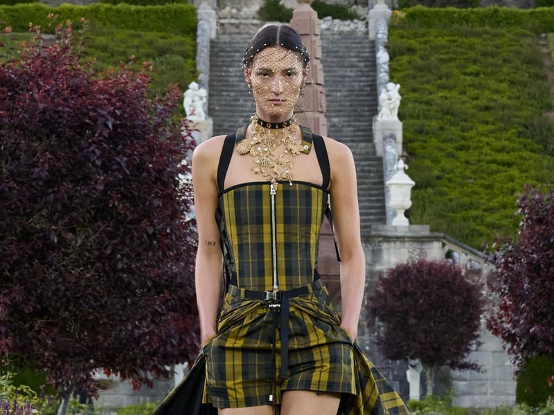 Yellow tartan playsuit with train