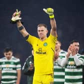 Joe Hart leads the Celtic celebrations after the Viaplay Cup semi-final win over Kilmarnock at Hampden. (Photo by Craig Foy / SNS Group)