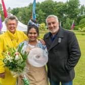 Great British Bake Off 2022 winner Syabira Yusoff with judges Paul Hollywood and Prue Leith. Picture: Mark Bourdillon/Love Productions/Channel 4