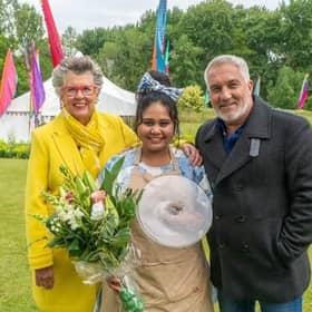 Great British Bake Off 2022 winner Syabira Yusoff with judges Paul Hollywood and Prue Leith. Picture: Mark Bourdillon/Love Productions/Channel 4