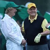Honorary starter and six-time Masters champion Jack Nicklaus on the first tee with wife Barbara Nicklaus before playing the opening tee shot at Augusta National. Picture: Patrick Smith/Getty Images