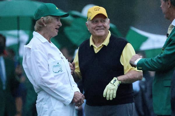 Honorary starter and six-time Masters champion Jack Nicklaus on the first tee with wife Barbara Nicklaus before playing the opening tee shot at Augusta National. Picture: Patrick Smith/Getty Images