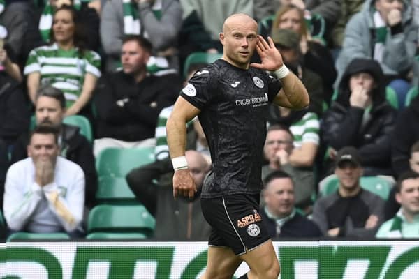 St Mirren's Curtis Main celebrates scoring his second in the 2-2 draw at Celtic Park. (Photo by Rob Casey / SNS Group)