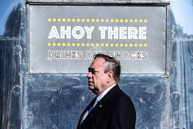 Alba Party leader Alex Salmond gestures as he launches his manifesto at The Falkirk Wheel in Stirlingshire. Picture: Andy Buchanan/AFP via Getty Images