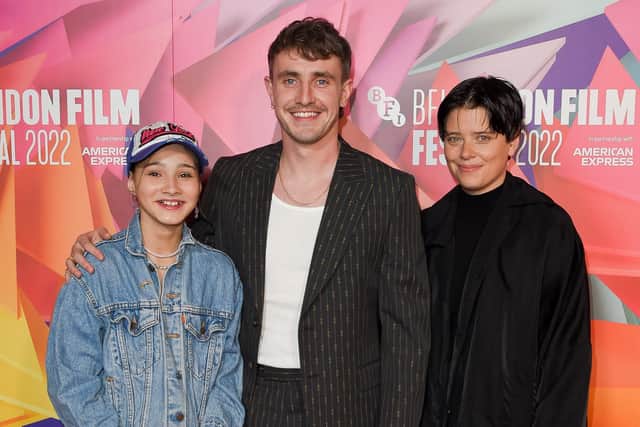 Actors Frankie Corio and Paul Mescal, and director Charlotte Wells at the Aftersun UK premiere in London (Picture: Eamonn M. McCormack/Getty Images for BFI)