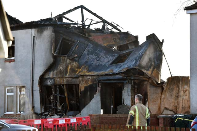 The scene this morning after an explosion and fire at a property on Broomage Crescent Larbert, Falkirk. Pic: Michael Gillen.