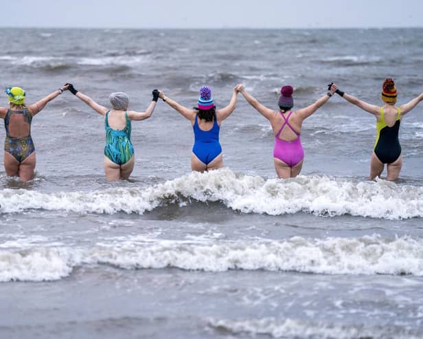 Swimmers take a dip in the Firth of Forth at Portobello in Edinburgh, to mark International Women's Day. Photo: Jane Barlow/PA Wire
